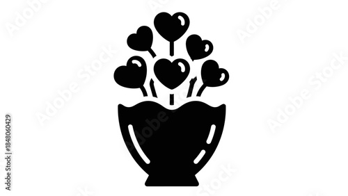 Stylized silhouette of a flowerpot filled with multiple heart-shaped blossoms representing love