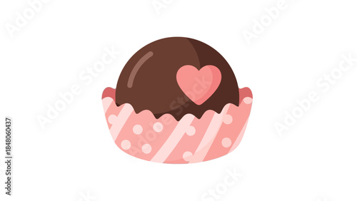 Sweet chocolate truffle adorned with a pink heart and charming pink polka-dotted cupcake wrapper