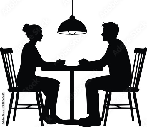 Couple silhouettes sitting at table having conversation over coffee, symbolizing dating, communication, relationship, meeting and intimate social interaction concepts