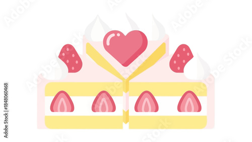 Sweet strawberry cake with whipped cream and pink heart decoration for celebration