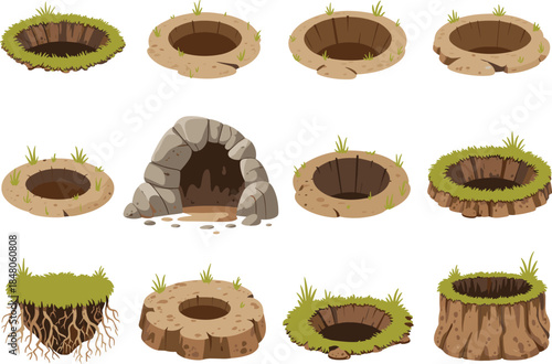 Cartoon ground holes pits burrows caves fantasy terrain grass dirt isolated flat vector illustration set