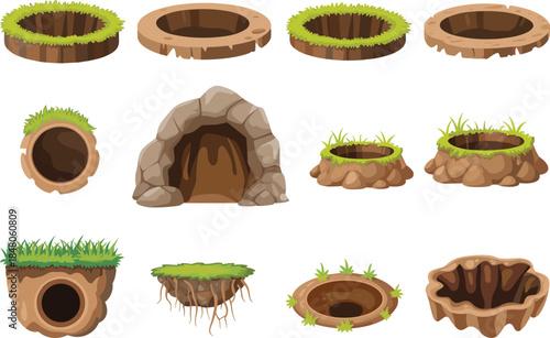 Cartoon ground holes pits burrows caves set grass dirt isolated flat vector illustration elements collection