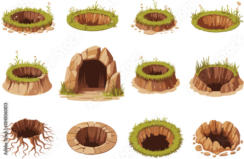 Cartoon ground holes pits burrows caves fantasy terrain set grass dirt isolated flat vector illustration