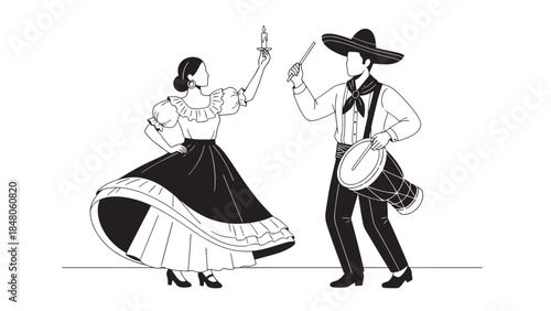 Traditional folk couple dancing with a banjo player in a stylized illustration.