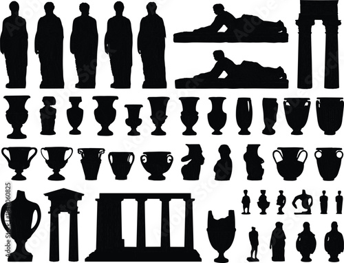 Ancient Greek Roman silhouette art collection statues columns vases architecture artifacts isolated black vector set