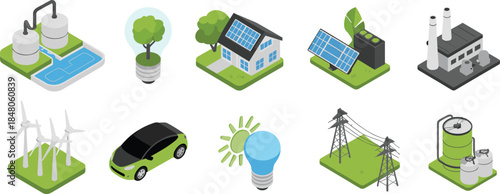 Renewable energy isometric icons set solar wind eco power technology sustainability isolated flat vector illustration
