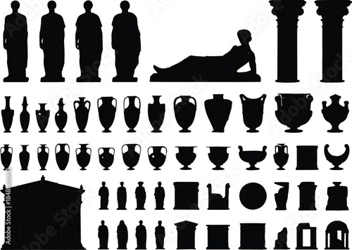 Ancient Greek Roman silhouette collection statues columns vases artifacts isolated black vector illustration design set