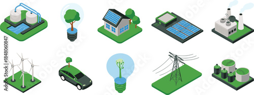 Renewable energy illustration set solar wind eco technology power sustainability isolated flat vector design collection