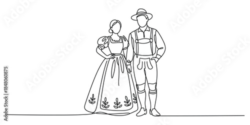 One line drawing of man and woman in traditional bavarian or alpine clothing