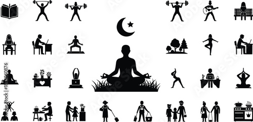 Daily lifestyle silhouettes showing fitness, yoga, meditation, work, family and leisure activities, illustrating healthy living, balance and modern routine concepts
