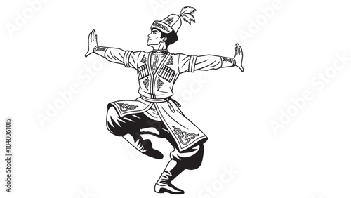 Traditional dancer in turban performing energetic folk dance in cultural attire.