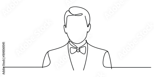 One line drawing of man in tuxedo with bow tie