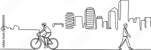 City skyline with cyclist and pedestrian one line drawing concept