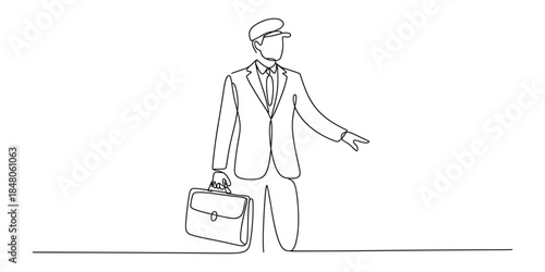 Continuous line drawing of a chauffeur or driver holding a briefcase