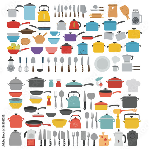 Colorful kitchen utensils and cookware set icons collection