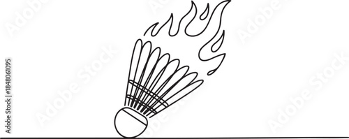 Continuous line drawing of flaming shuttlecock symbolizing fast badminton match