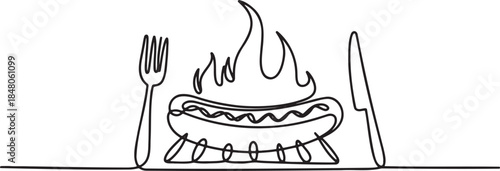 Continuous line drawing of grilled sausage with fire on barbecue fork and knife