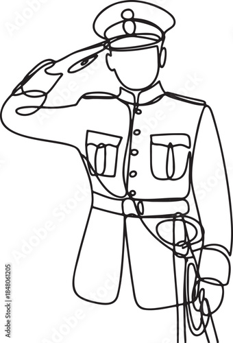 Military officer saluting in single line drawing illustration