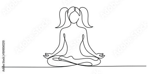 One line drawing of a girl meditating in lotus pose white