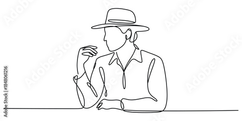 Man in hat sitting at table continuous line drawing art
