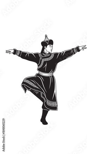 Traditional folk dancer in dynamic pose wearing dark robe and hat.