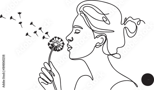 Minimalist one line drawing of woman blowing dandelion seeds into wind fantasy