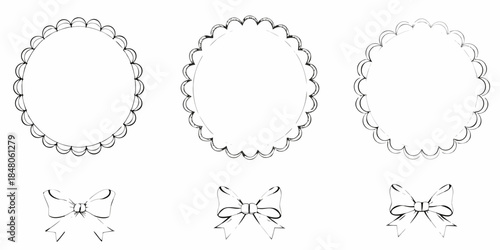 Three decorative frames with scalloped edges and small bow illustrations