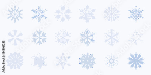 Collection of delicate and intricate light blue watercolor snowflake illustrations