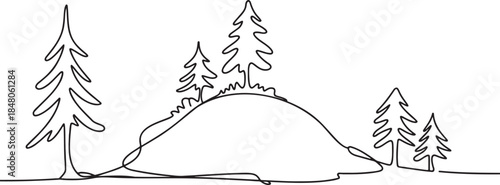 Mountain landscape continuous line drawing with evergreen trees on transparent backdrop