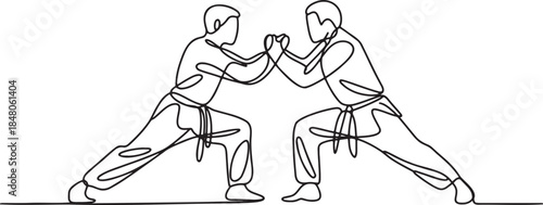 One line drawing of two martial arts practitioners facing each other ready to fight