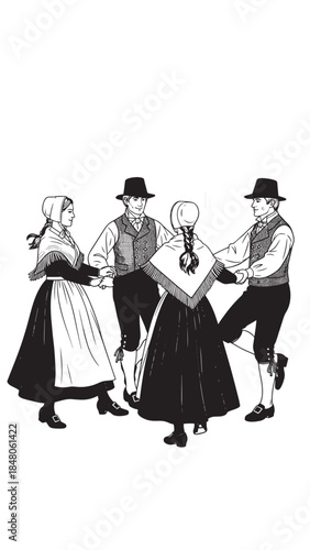 Traditional folk dancers circle gracefully in period attire performing a cultural dance scene.