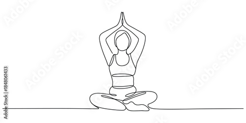 Continuous line drawing of woman meditating in lotus pose