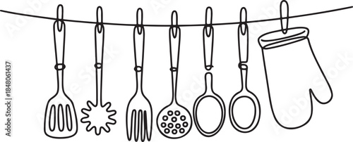 Outline kitchen utensils and oven mitt hanging on rope isolated on white background