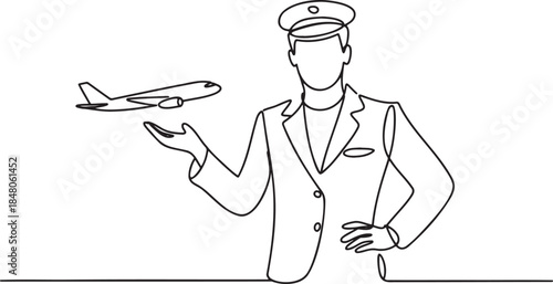 Pilot or captain holding airplane in hand continuous line drawing