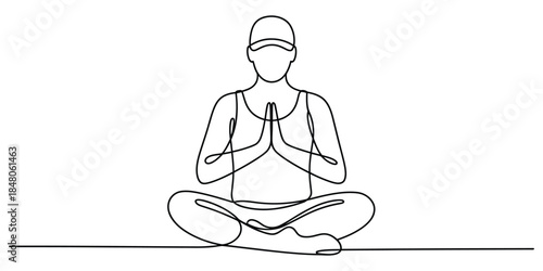 Man in lotus pose with cap meditating in continuous line art style