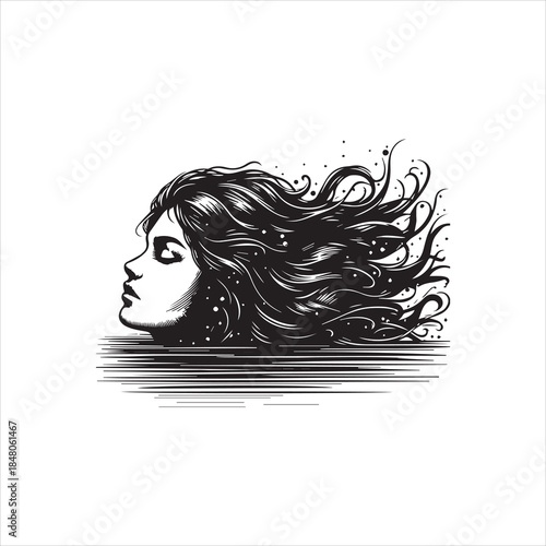 Elegant female head with elaborate flowing hair, monochrome vector illustration, captivating logo concept, perfect for branding and artistic projects