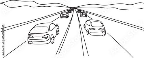 Perspective continuous line drawing of cars driving on multi lane highway road