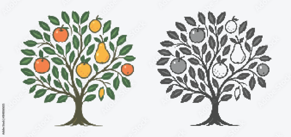 Fototapeta premium Whimsical Halftone Tree Illustrations with Fruits