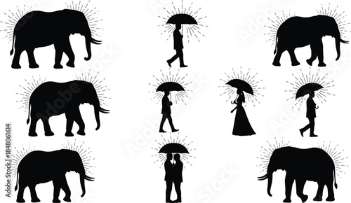 Elephant and human silhouettes under umbrella with radiant lines, symbolic protection, harmony, compassion, wildlife conservation, and emotional connection illustration set
