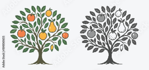 Whimsical Halftone Tree Illustrations with Fruits