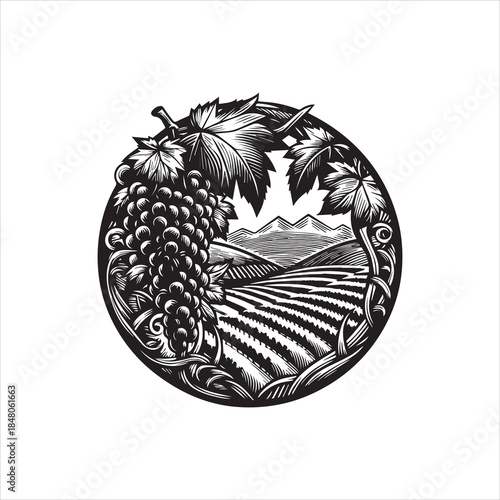 Circular Black and White Vineyard Landscape Logo Vector Illustration