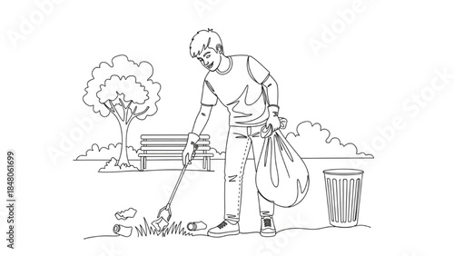 High-quality black continuous line art of a teen volunteering to clean a park or public space, youth community service, environmental care, minimalistic illustration