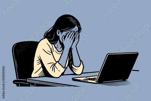 Frustrated woman covering face with hands while sitting at desk with open laptop, comic style on plain background, concept of stress and cyberbullying