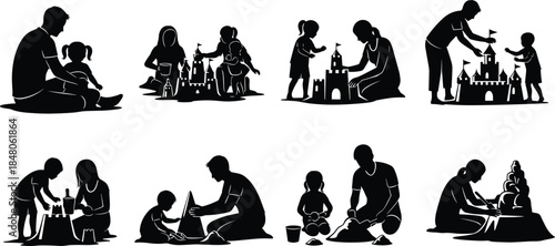 Family beach silhouettes showing parents and children building sandcastles together, playful bonding, parenting moments, seaside leisure activities, outdoor summer