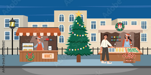 Festive Night at the Christmas Market. Christmas food festive. New year food festive. Night market.