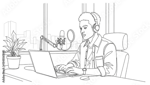High-quality black continuous line art of a young professional working at a computer in an office, podcast production, modern workplace, minimalistic illustration