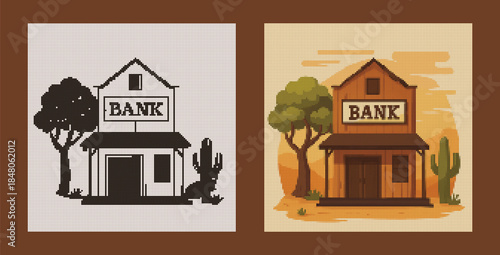Wild West Bank with Cactus and Tree, Halftone Illustration