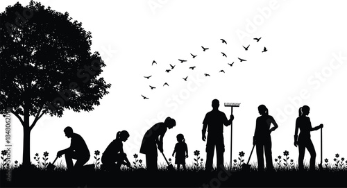 Family gardening silhouettes showing parents and children planting flowers together outdoors under tree, symbolizing teamwork, nature care and sustainable lifestyle