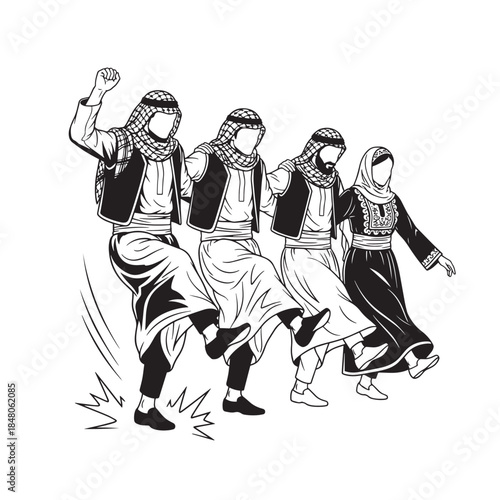 Traditional Dabke Style Dance Performed by Four Women in Veils and Flowing Dresses in Line Formation.