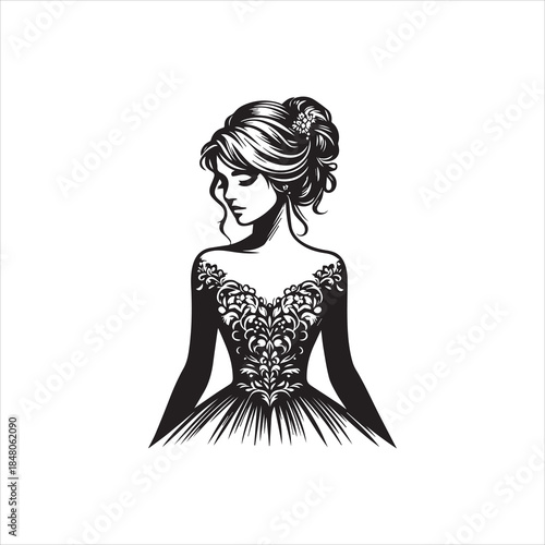 Elegant Woman Illustration Logo Vector in Black and White Gown, Perfect for Fashion, Beauty, and Event Branding Designs
